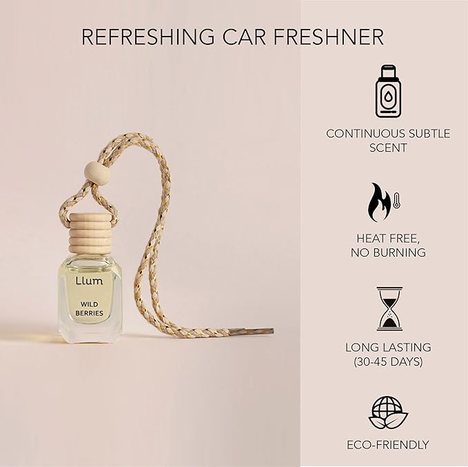 Llum Wild Berries Hanging Car Air Freshener – Luxury Automotive Perfume Diffuser 10ml (0.34 fl oz), Long-Lasting Fragrance, Alcohol-Free Non-Toxic Car Scent, Glass Bottle With Wood Cap