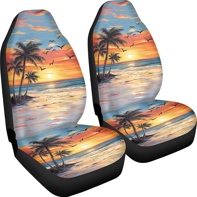 BIGCARJOB Hawaii Dusk Palm Car Seat Covers, Polyester, Universal Fit, Car, SUV, 2 Count, Front, Basic Protection, Customizable, Unique Printed