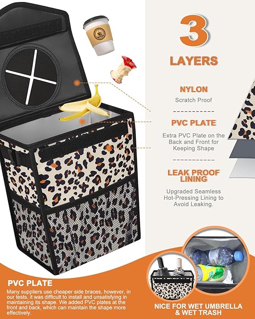 Pritent Car Trash Can with Lid, Cute Leakproof Car Trash Garbage Bag Hanging Vehicle Trash Bin Small Portable Automotive Garbage Cans Organizer for Back/Front Seat(Trapezoid,Leopard