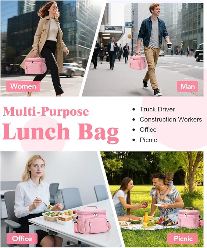 Insulated Lunch Bag for Men & Women, 9L Leakproof Lunch Box Soft Cooler Tote with 5 Pockets, 600D Oxford, EVA Lining, Adjustable Strap for Work, Picnic, Beach&Travel-Pink