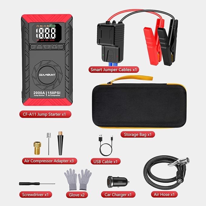 SEAMOUNT 2000A Jump Starter with Air Compressor Combo, Portable Car Battery Booster Pack for 6L Gas / 3L Diesel, 150PSI Tire Inflator, LED Emergency Light, Complete Roadside Kit