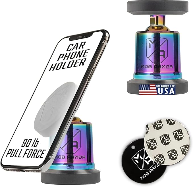 Mob Armor MobNetic Maxx - USA Assembled Magnetic Phone Holder for Car, Magnetic Car Phone Mount, 90-Degree Tilt, 360-Degree Rotation, Aluminum Metal, Compatible with iPhone & Android - Multicolor