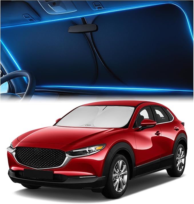 Windshield Sunshade for Mazda CX-30 2019-2025 2026 – Upgraded Double-Layer Design, Mirror Cut-Out, Blocks 99% UV Rays, Thick & Durable, Easy-Fold Mazda CX-30 Windshield Sun Shade