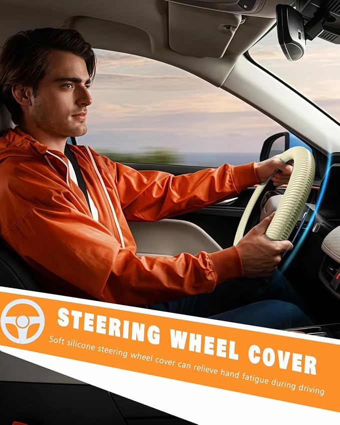 WOCOCN Car Steering Wheel Cover, Thin Anti-Skid Silicone Steering Wheel Cover for Men & Women, Universal Automotive Interior Accessories for Most Cars (Light Yellow)