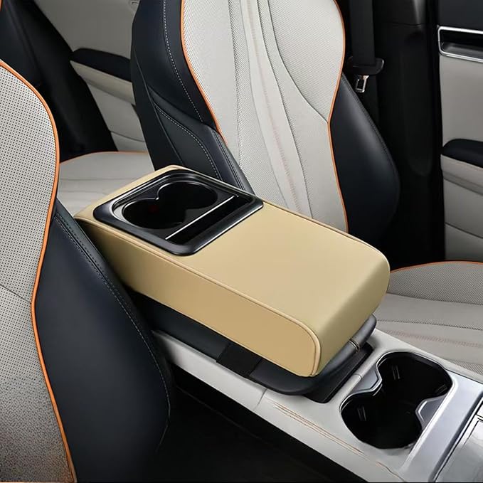 Center Console Booster Cover Car Armrest Box Pad Leather Arm Rest Cushion with Cup Holder Mobile Phone Storage Armrest Protection Pad for Car (Pure Beige, 13.58 * 8.07 * 2.95 inch)