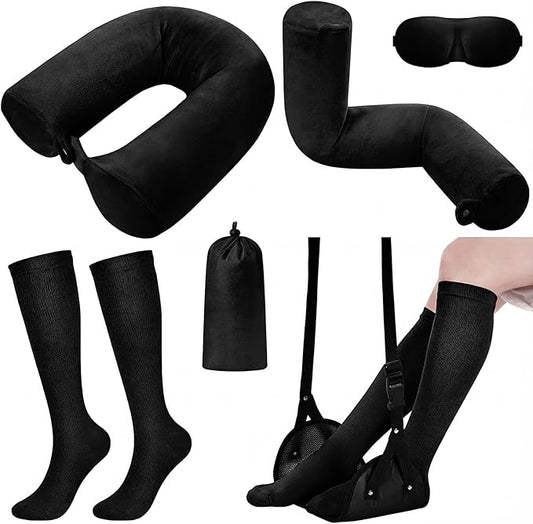 BreezeHug 4 Pcs Travel Comfort Kit with Memory Foam Travel Pillow Airplane Footrest Hammock 3D Contoured Eye Mask Compression Socks Neck Pillow for Car Flight Sleeping Support (Black)