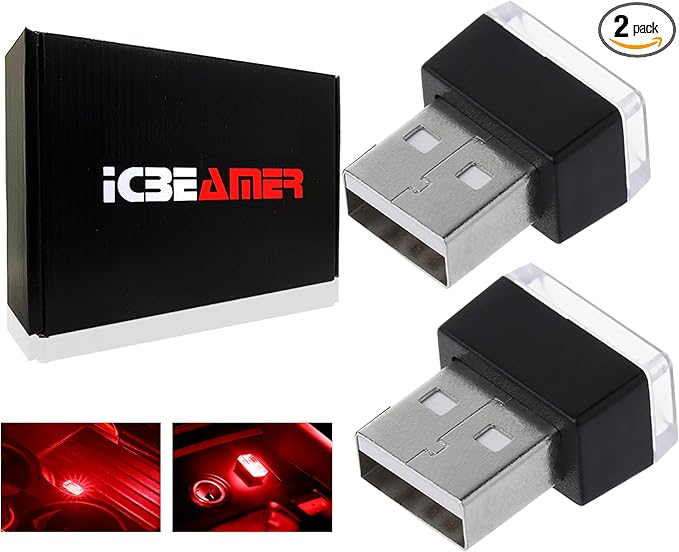 ICBEAMER USB Type-A LED Night Light 2-Pack (Red) | Plug-in Universal Fit Automotive Accessory for Car Interior and Trunk Ambient Atmosphere Lighting