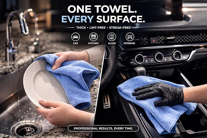 Premium Microfiber Towel for Cars 12 Pack, 400GSM, Quick-Dry, Scratch-Free, High and Low Pile Surface, Gray, Yellow, Blue,16 x 16 Inches, for Car Detailing and Household Use