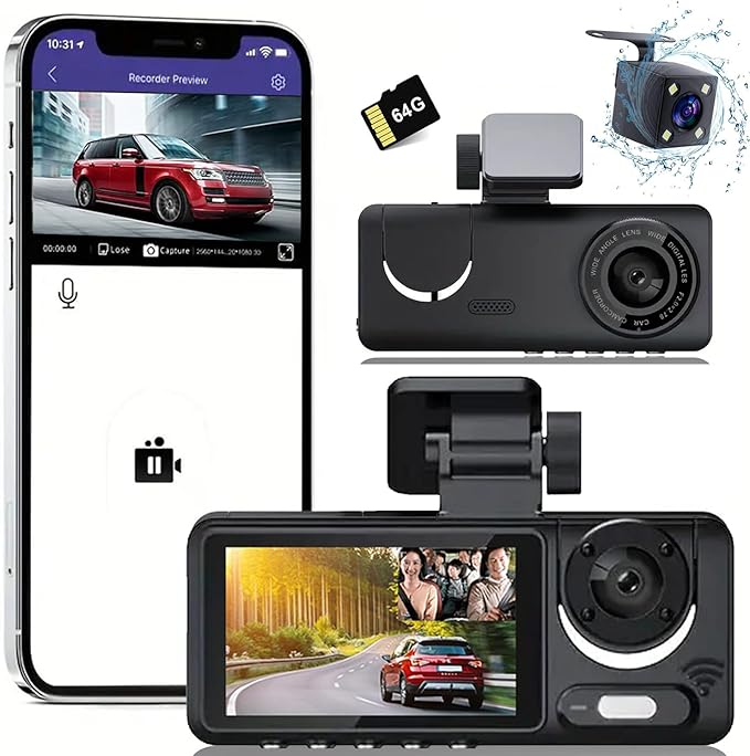 3 Channel Dash Cam, Full UHD Front and Car CameraRear Inside,Car Camera Full HD 170 Deg Wide Angle Dashboard Camera with 64GB Card, 2-Inch Screen,G-Sensor,Loop Recording，Night Vision