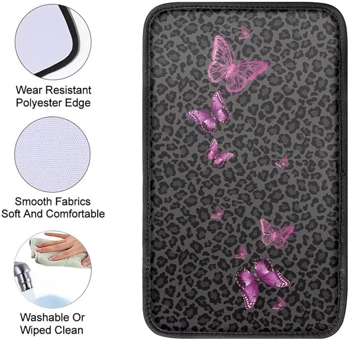 Pink Butterfly Leopard Print Soft Armrest Seat Box Cover Car Armrest Cushion Car Decor Protective Car Accessories Fit for Most Cars, Vehicles, SUVs
