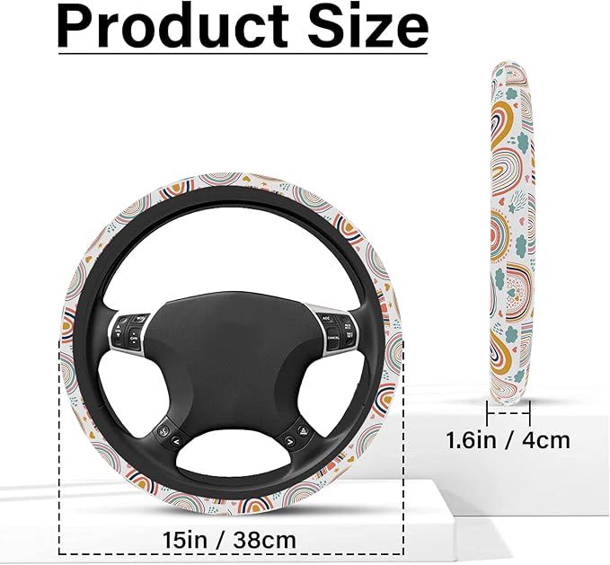 Boho Rainbow Steering Wheel Cover, Cute Print Steering Wheel Cover Protector, Ultra Thin Breathable Non-Slip, Car Accessories for Women, for Steering Wheel with a Diameter of 14.5"-15"