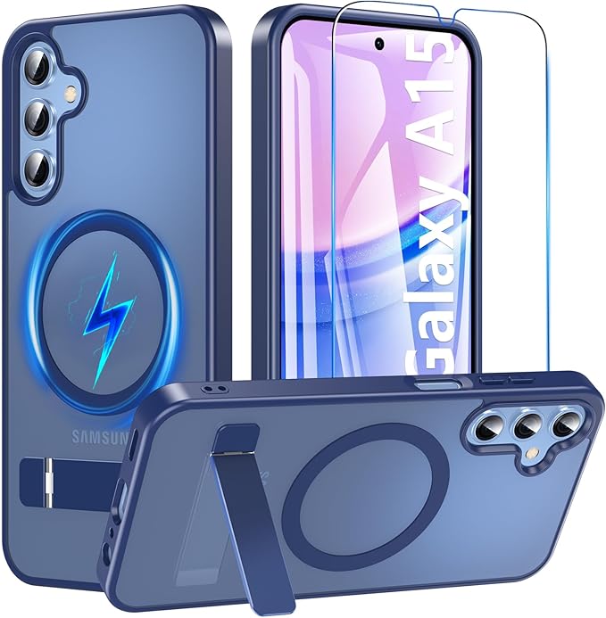 OWKEY for Samsung Galaxy A15 5G Phone Case with Screen Protector & Stand, Magnetic Case for Magsafe Military-Grade Protection Shockproof Matte Cover for Samsung Galaxy A15 5G (Blue)