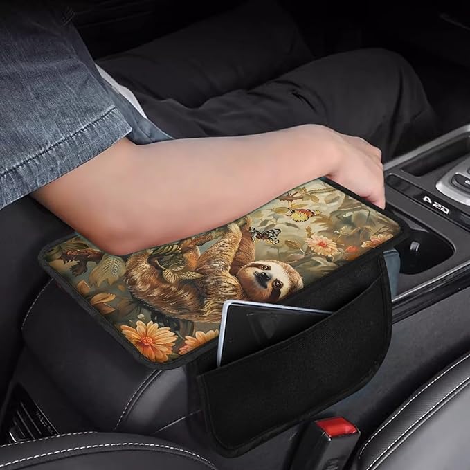 Butterfly Sloth Floral Print Car Center Console Cover Waterproof Automobile Armrest Covers Scratch-Resistant Car Armrest Cover Cushion Car Armrest Storage Box Mat Car Armrest Cover Cushion