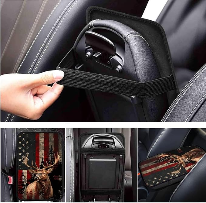 American Flag Vintage Car Steering Wheel Cover Set 6 Pcs Animal Elk Print Cup Holder Armrest Pad Gear Shift Cover,Car Handbrake Covers Auto Accessories for Men