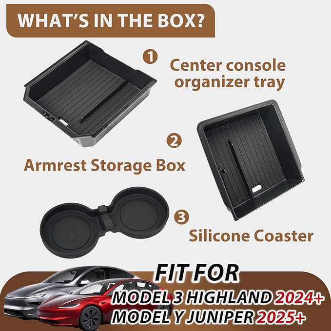 Center Console Organizer Tray for Tesla Model Y Juniper Accessories 2025 2026 and Model 3 Highland Accessories 2024 2025 2026 for Tesla Accessories Cup Holder Matte Black (3PCS)