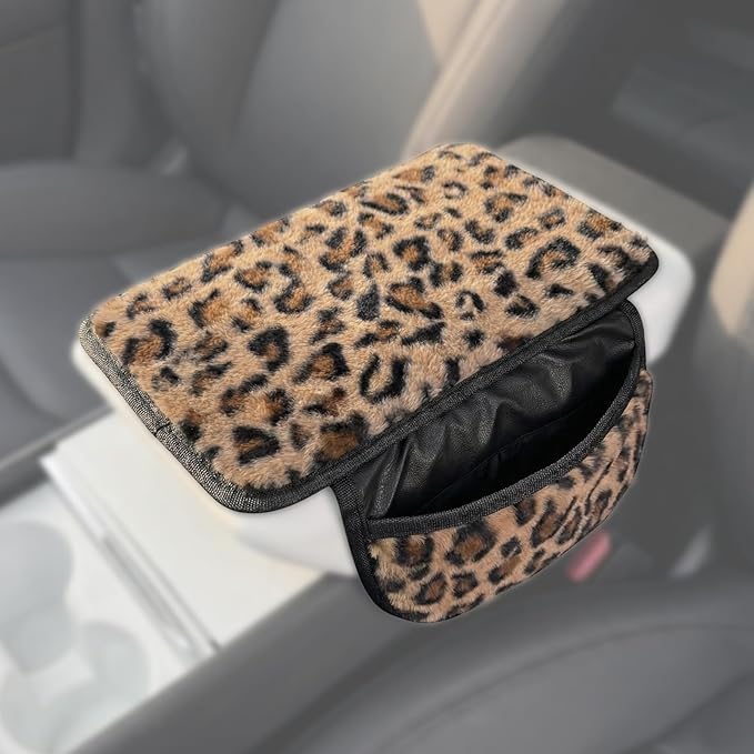 Plush Leopard Print Car Center Console Cover with Side Pockets, Fluffy Armrest Cushion Pad,Soft Cheetah Car Interior Decorations Accessories with Storage for Women,Universal Fit for Vehicles SUV Truck