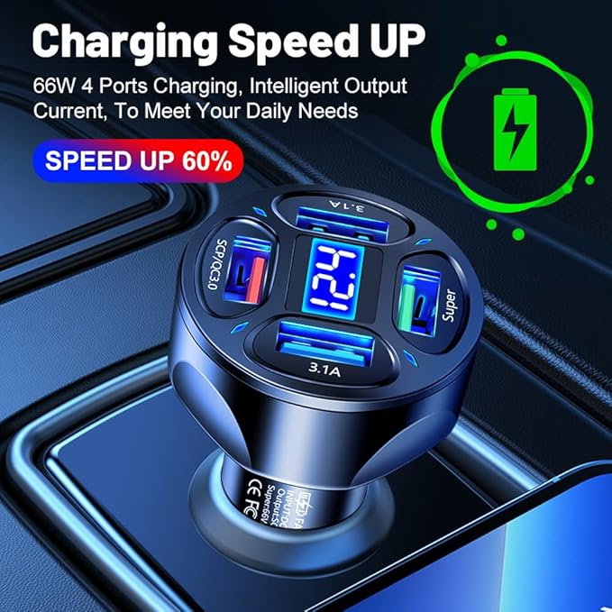 66W Multi Port Car Charger Adapter with Voltage Monitor, 4 USB QC3.0 Super Fast Charge Cigarette Lighter USB Charger, Compatible with iPhone/Android/Samsung/iPad Pro/and More (White)