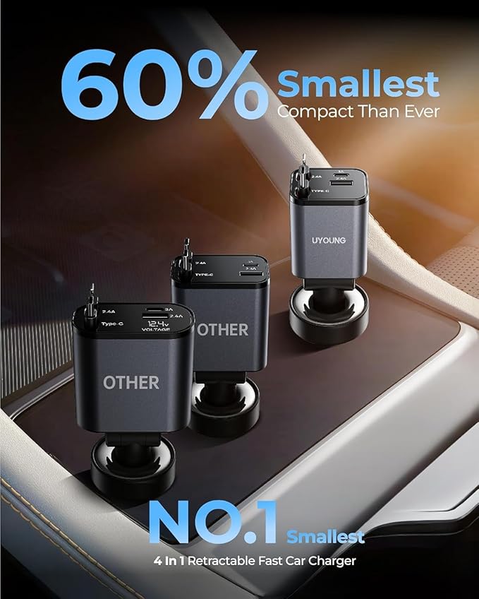 2Pack iPhone Car Charger Retractable Fast Phone Chargers, 4 in 1 Car Charger Cigarette Lighter Adapter with 2 Cables 30 Inch and 2 USB Ports, for iPhone 17/16/15/14/13/Pro, Gifts for Women Men