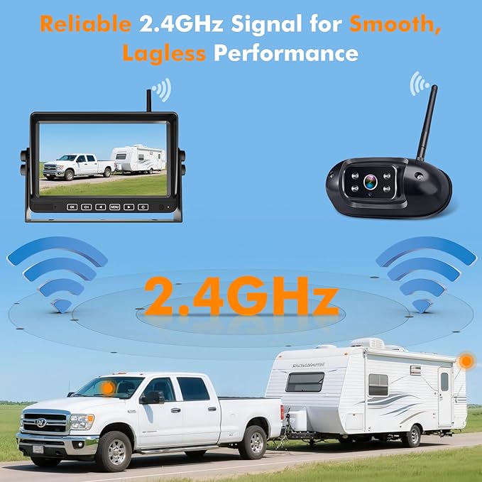 Wireless Backup Camera for Trailer - 7" 1080P RV Backup Camera with 4-Channel Split-Screen Monitor, AI Detection, Night Vision, Loud Beeps, Plug & Play, Compatible with Furrion Pre-Wired RVs