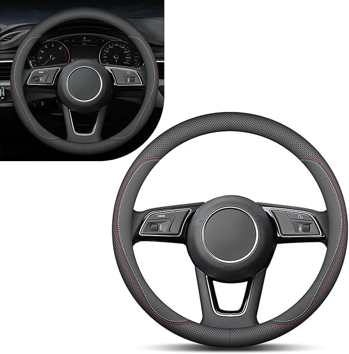 1 PC Car Steering Wheel Cover, Ultra-Thin Soft Leather Steering Wheels Accessories, 15" Round Breathable Car Wheel Cover, Universal Interior Accessories for Most Cars (Black&Red)