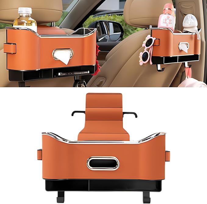 Multifunctional Car Seat Back Storage Box, Universal Car Seat Organizer, Car Seat Tissue Box and Organizer, Car Seat Paper Towel Organizer， Car Organizer with 2 Drink Cup Holders (Orange)