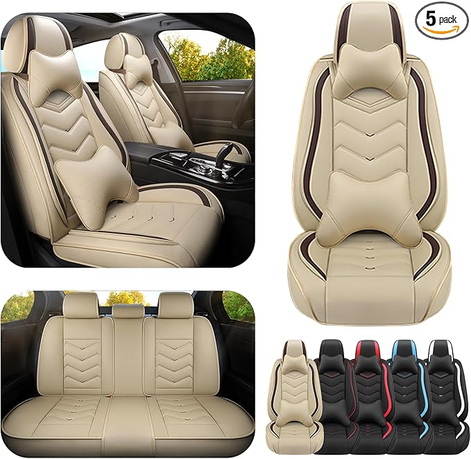 Car Seat Covers for Cadillac CTS 2003-2019, Premium Nappa Leather Car Seat Cover, Stylish Sport Seat Covers， Automobile Seat Cover Sets.(Luxury 5 Seats/Beige)