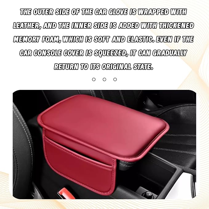 Car Center Console Cover, Leather Comfort Armrest Cover with 2 Storage Bag, Interior Car Accessories Universal Car Arm Rest Cover Pad for Car Decoration and Storage, Fit for Most Vehicle (Red)