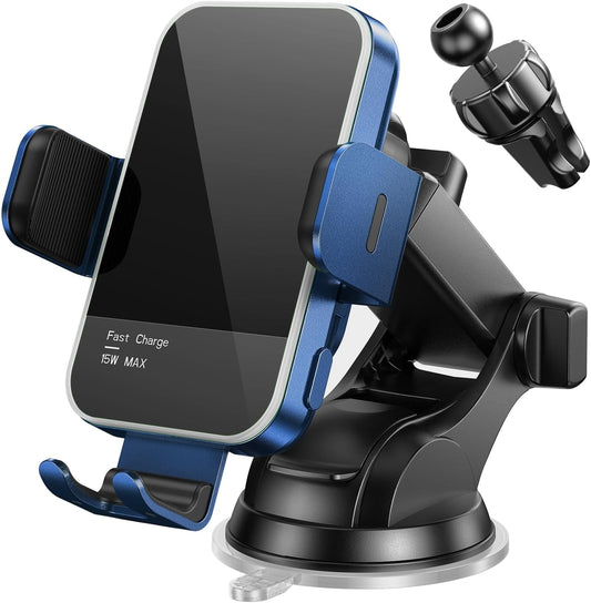 Wireless Car Charger,【7 Colored LED Backlit】15W Auto Clamping Car Charger Phone Mount Holder fit for iPhone 14 13 12 Mini Pro Max 11 XR XS X, Samsung Galaxy S23 Ultra S22 S21+ S10+ Note 20, etc - Blue