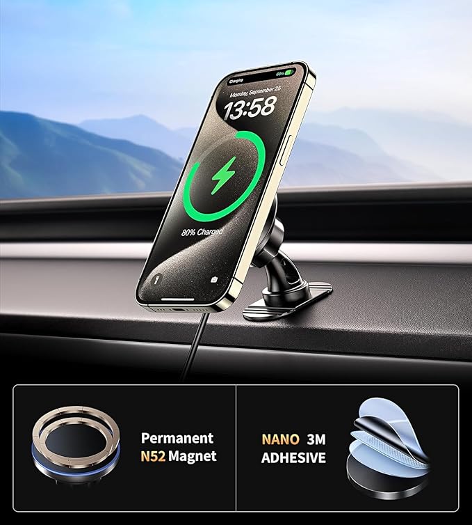 BHHB for iPhone 17 Magsafe Car Mount Charger, [2026 New] 15W 2in1 Magnetic Wireless Car Charger, fits for Magsafe Car Charger, Vent/Dashboard Phone Holder Mount for iPhone 17 16 15 14 13 12 Series