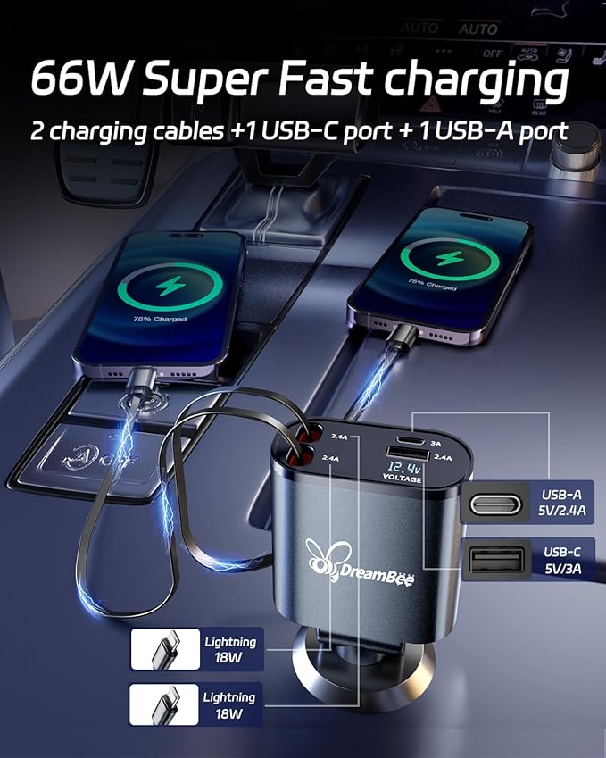 Retractable Car Charger,Super Fast USB Car iPhone Charger,Gifts for Men Women Car Truck Accessories for iPhone 15/14/13/12 Pro Max XR,iPad,Samsung,Pixel