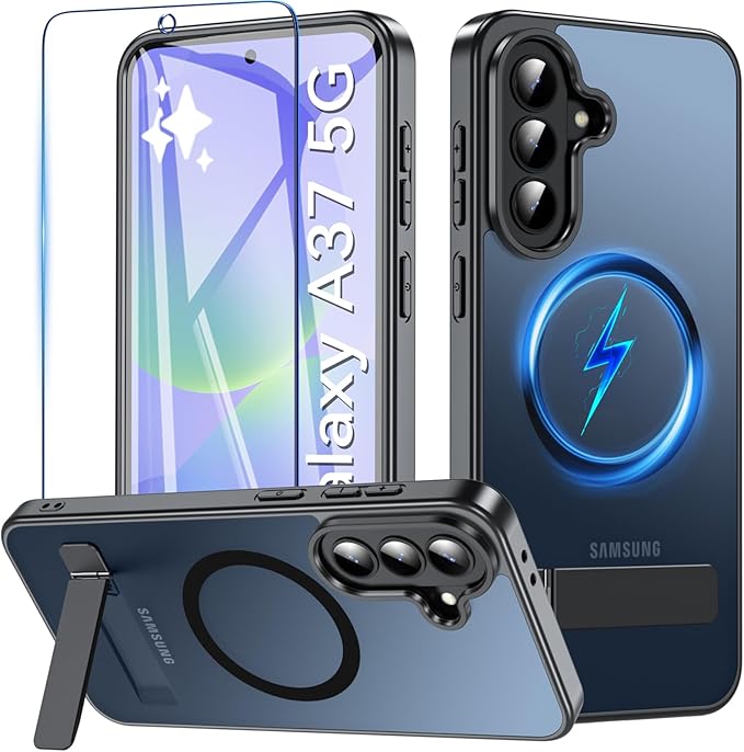 OWKEY for Samsung Galaxy A37 5G Case with Stand, Magnetic Shockproof Case Fit for Magsafe Translucent Matte Cover for Samsung A37, Black