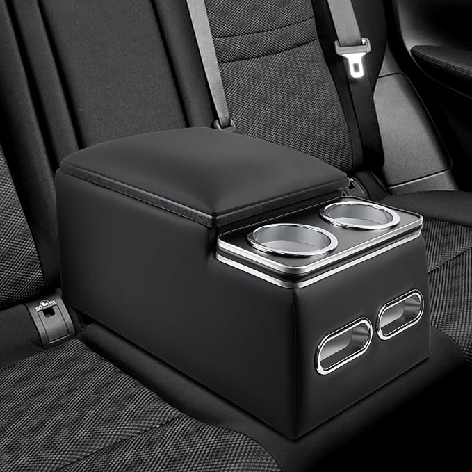 Universal Car Center Console Organizer with Cup Holder& Phone Holder, Rear Bench Seat Consoles with Armrest Middle Storage Box, Truck Seat Organizer for Car & Van & Truck Floor Cab, Black