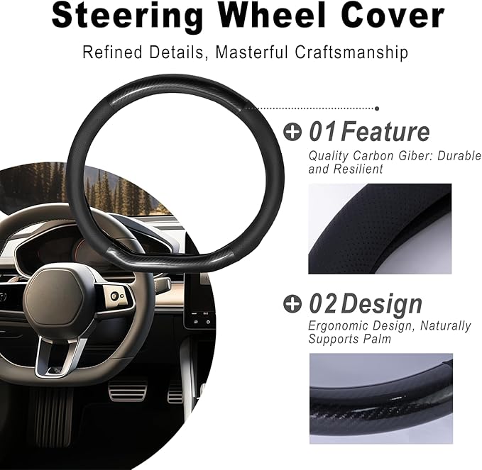Car Steering Wheel Cover Black, Non-Slip Wear-Resistant Carbon Fiber Steering Wheel Cover, Breathable Drilled D-Type Leather Sleeve, Universal Car Interior Accessories for Most Vehicle