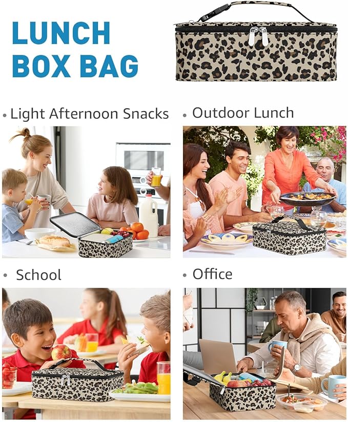 Small Lunch Box Insulated Lunch Bag for Women Men, Bento Kids Lunch Box, Compact Portable Thermal Meal Cooler Bags with Buckle Handle for Work & School, Leopard Print 5L