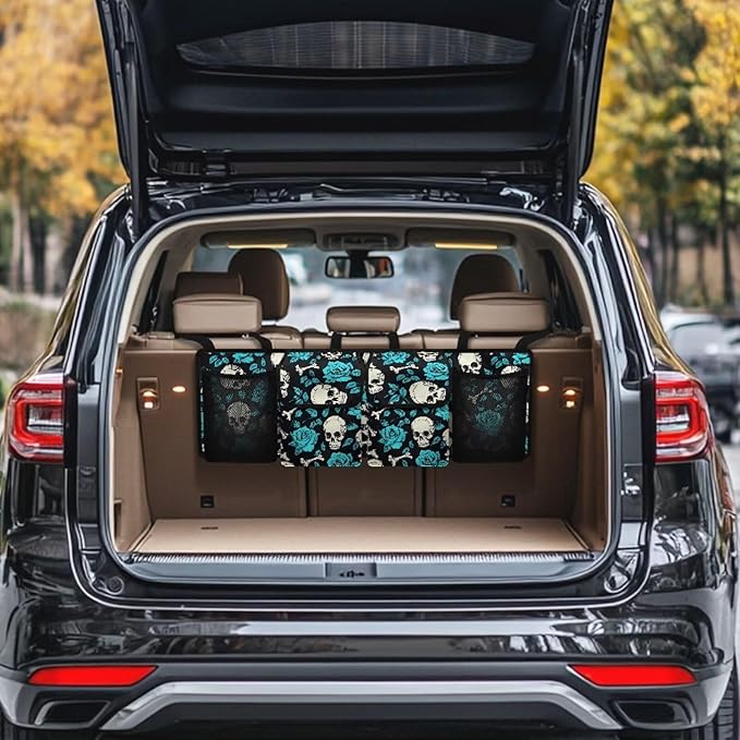 Skull Rose Pattern Car Trunk Organizer and Storage, Backseat Hanging Organizer for SUV, Truck, Collapsible Cargo Storage Bag with 4 Pockets, Car Interior Accessories
