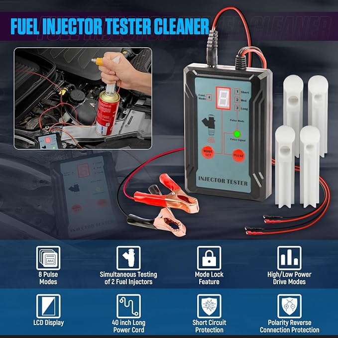 Fuel Injector Tester Cleaner Kit 8 Pulse Modes Injector Tester 2 Fuel Injectors Simultaneously Tester DIY Cleaning Tools with 40inch Power Cord,2 Injector Cleaner Adapter,Short Circuit Protection 12V