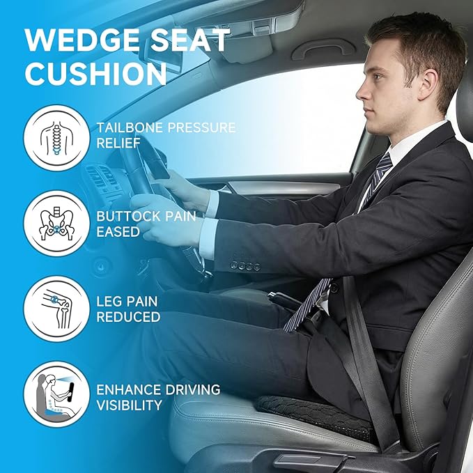 Car Seat Cushion - Memory Foam Seat Pad for Sciatica & Lower Back Pain Relief - Driving Cushion with Breathable Mesh Cover - Road Trip Essentials for Drivers (3D Black)