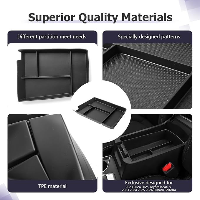 LUWU Lower Console Organizer Compatible with 2023 2024 2025 Toyota bZ4X & 2023 2024 2025 Subaru Solterra Accessories Armrest Console Secondary Storage Box Insert Tray Silicon Material Black