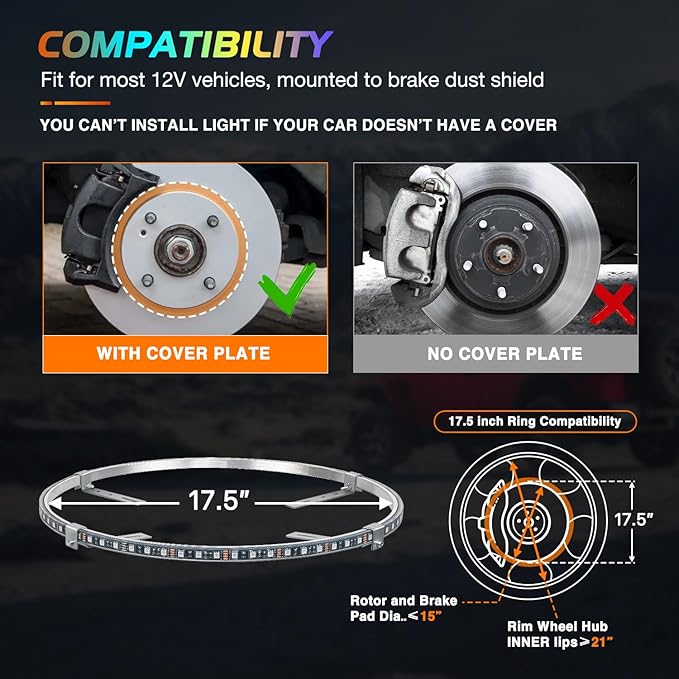 Nilight 4PCS 17.5inch Wheel Ring Lights Deram Color with APP and Remote Control Neon Lights Million Colors w/Turn Signal and Braking Function for Car Van SUV Truck