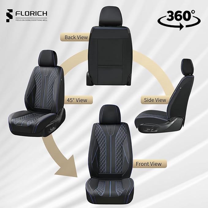 FLORICH Automotive Car Seat Covers Front Seat, Leather Car Seat Cover 2 Pack Waterproof Front Seat Covers Full Coverage Driver Seat Protector Universal Fit for Most Cars SUV Trucks, Black&Blue Line