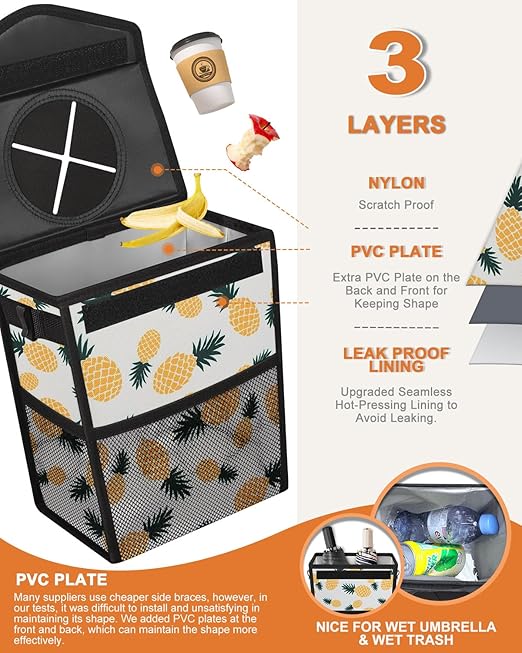 Pritent Car Trash Can with Lid, Cute Leakproof Car Trash Garbage Bag Hanging Vehicle Trash Bin Small Portable Automotive Garbage Cans Organizer for Back/Front Seat/Console(2.8 gal,Pineapple Print