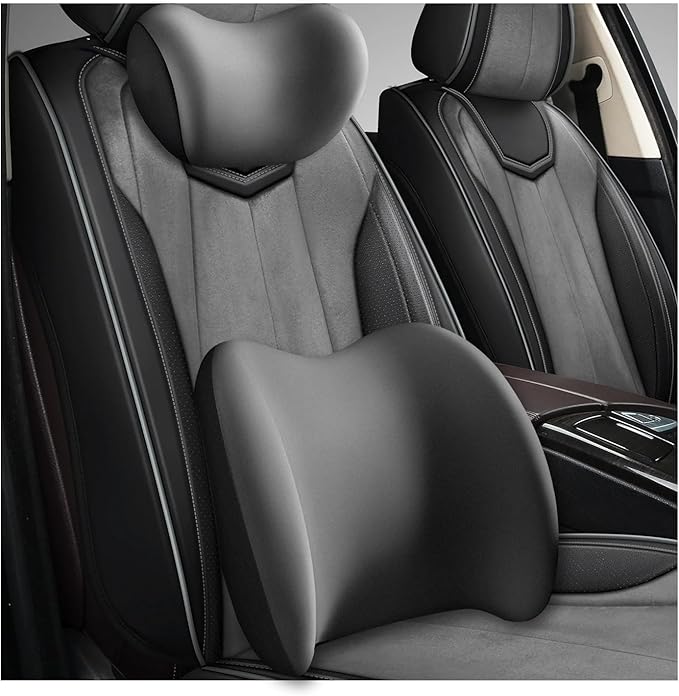 Car Headrest & Lumbar Support Cushion, Ergonomic Memory Foam Car Neck Back Support w/Removable Cover, Universal Breathable Lumbar Cushion Headrest Pillow with Adjusatble Strap (Gray)
