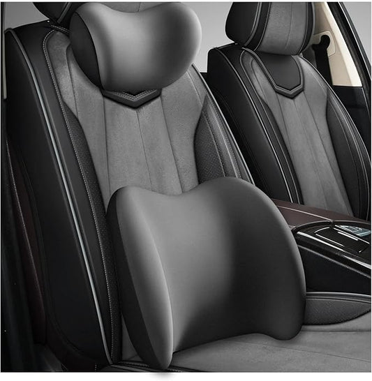 Car Headrest & Lumbar Support Cushion, Ergonomic Memory Foam Car Neck Back Support w/Removable Cover, Universal Breathable Lumbar Cushion Headrest Pillow with Adjusatble Strap (Gray)