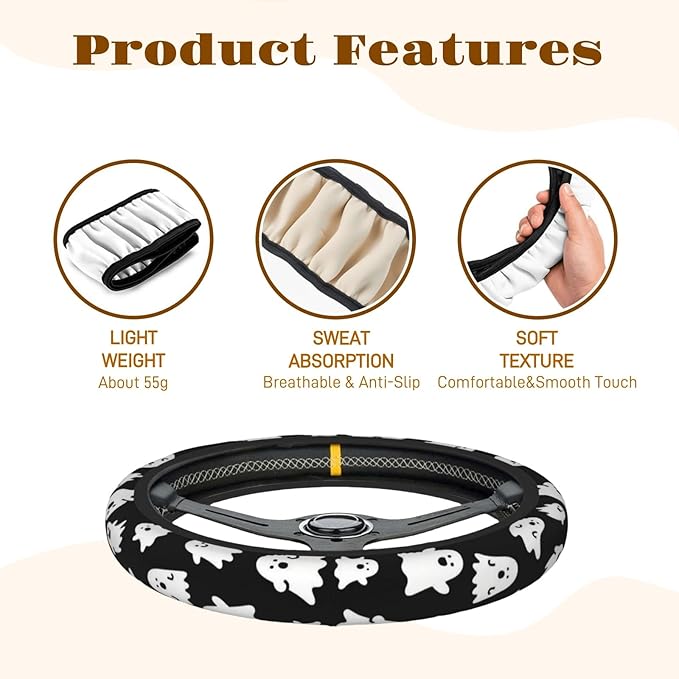 Steering Wheel Cover Accessories Neoprene Cover, Breathable Non-Slip Easy to Install Suitable for Women Men, 14.5-15.5 Inch for Car SUV Van Truck Universal - Ghost