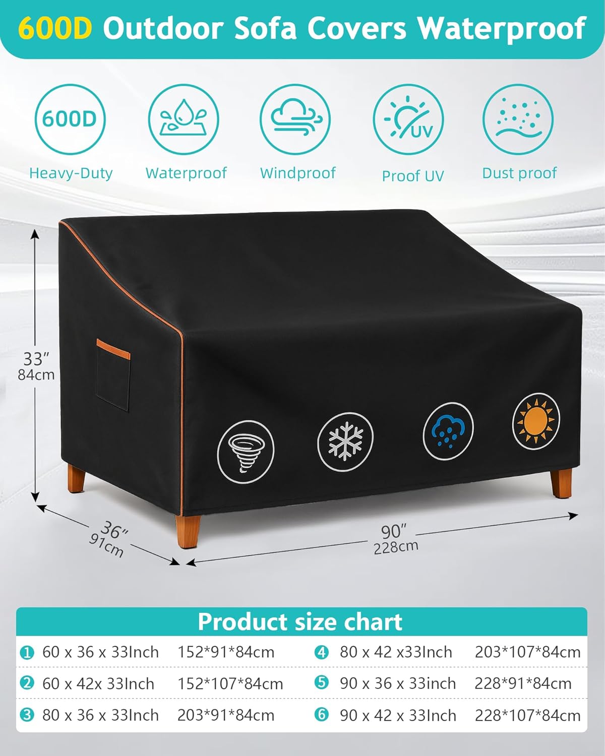 Outdoor Sofa Cover, Waterproof Patio Furniture Cover 90W x 36D x 33H inches Heavy Duty 600D Oxford Fabric Black