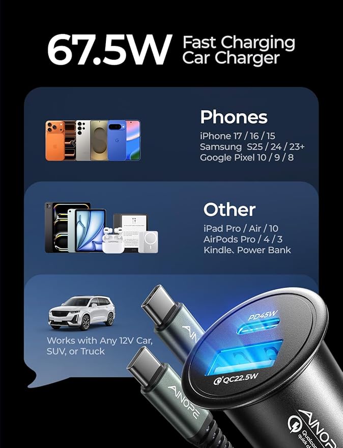 AINOPE 67.5W Car Charger USB C Fast Charge for iPhone 17 Pro Max,PD 45W USB C Car Charger Fast Charging【Mini&Metal】Cigarette Lighter Adapter USB-C Charger for Samsung S26 S25 for iPhone16 15 Mother's