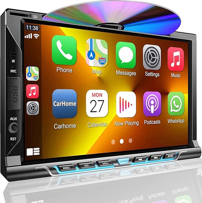 Double Din Car Stereo with CD/DVD Player, Apple CarPlay/Android Auto 7” Double din Radio with Backup Camera, Mirror Link, Bluetooth, AM FM Radio Receiver, SWC, Subwoofer, USB/TF/AUX…