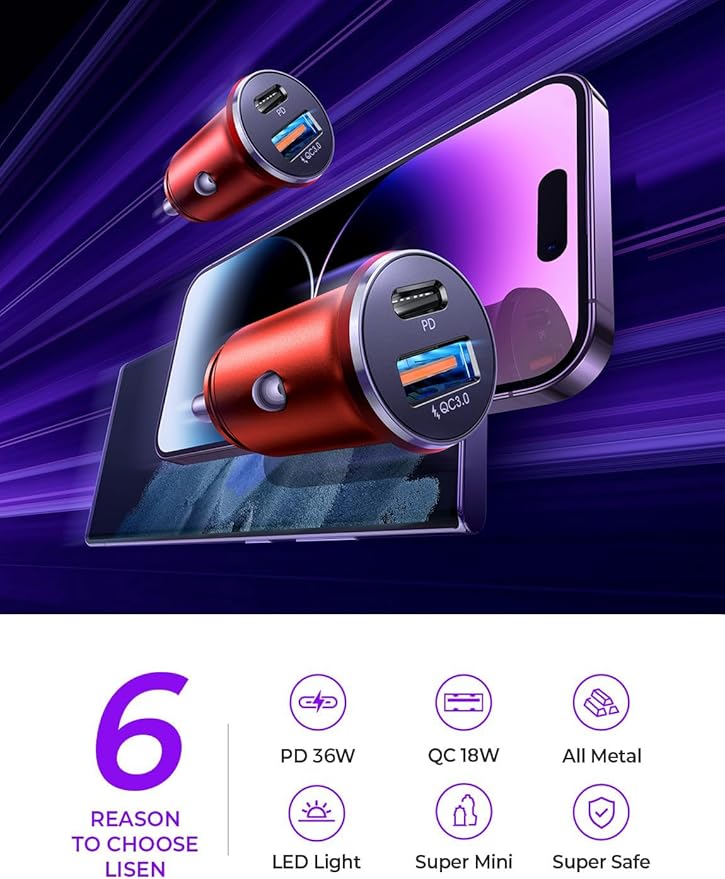 LISEN 2-Pack USB C Car Charger Adapter Fast Charge, 48W All Metal Cigarette Lighter USB Charger for iPhone 15 Smallest Flush Car Charger USB C for iPhone 14 Pro Max 13 12 Galaxy S23/22 iPad Pro-Red