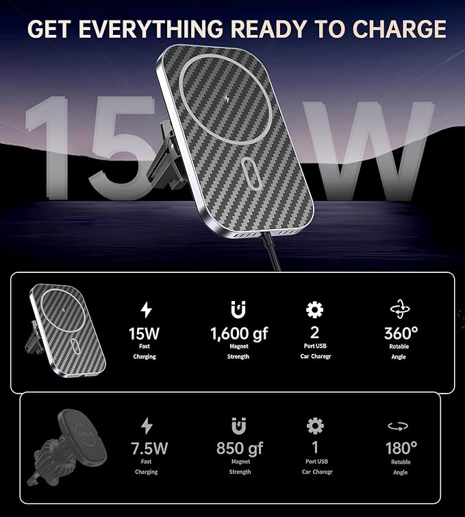 Mukiya for MagSafe Car Mount Charger with Adapter, 360° Rotation Magnetic Wireless iPhone Car Charger for Air Vent, Compatible with iPhone 17/16/15/14/13/12 Series (Carbon Black)