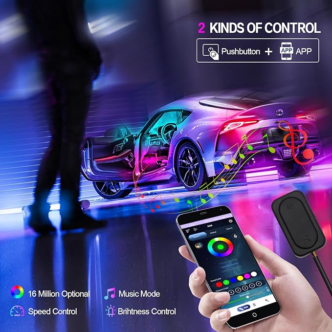 Upgraded Dreamcolor Acrylic Car Interior Lights RGB LED Strip Lights APP Control Zoned Control System 252 Color Modes DIY Fiber Optic Ambient Lighting Kits 2 in 1 Music Car Neon Lights